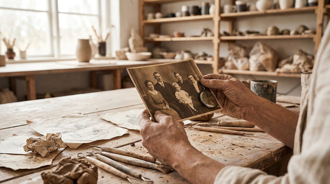 Weathered hands arranging an old family photograph and heirloom clay tools on a wooden studio table