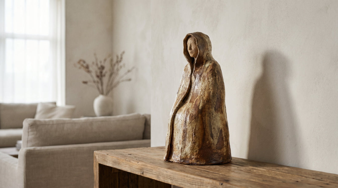 A hand-built ceramic figurative sculpture placed on a console in soft, indirect daylight — illustrating sculpture placement at home