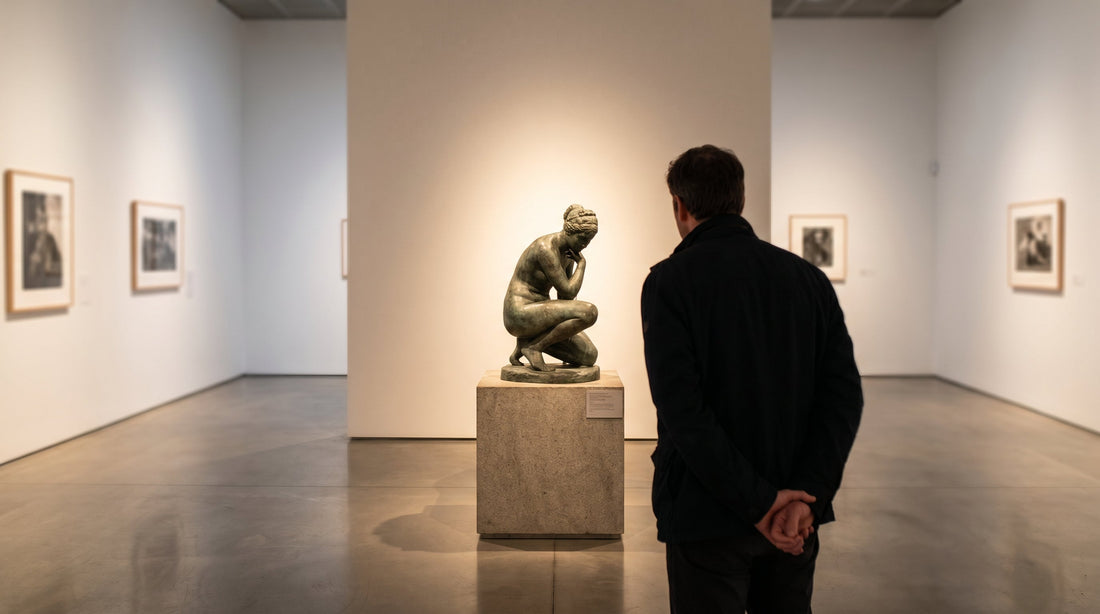A visitor contemplating a figurative sculpture in a softly lit contemporary art museum gallery