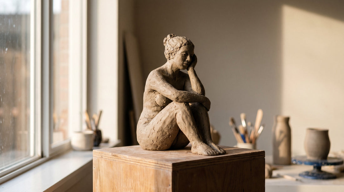 A hand-built ceramic figurative sculpture in a warm studio setting, showing clay texture and craftsmanship