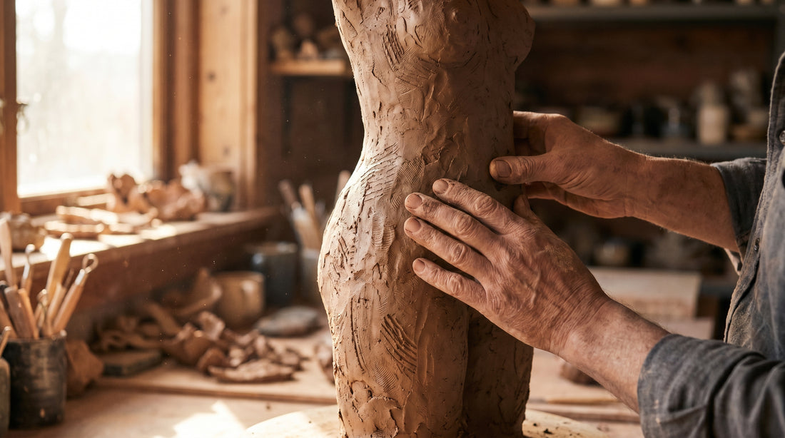 Sculptor's hands working a hand-built stoneware figure, tool marks visible in warm studio light