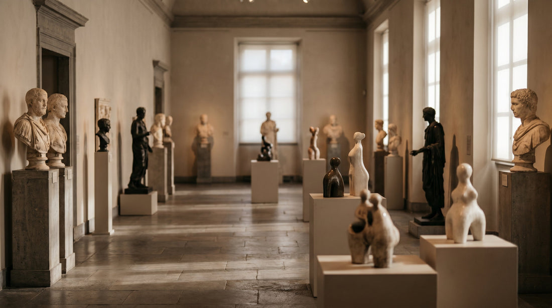 A collection of classical and contemporary sculptures spanning different eras in a warmly lit gallery
