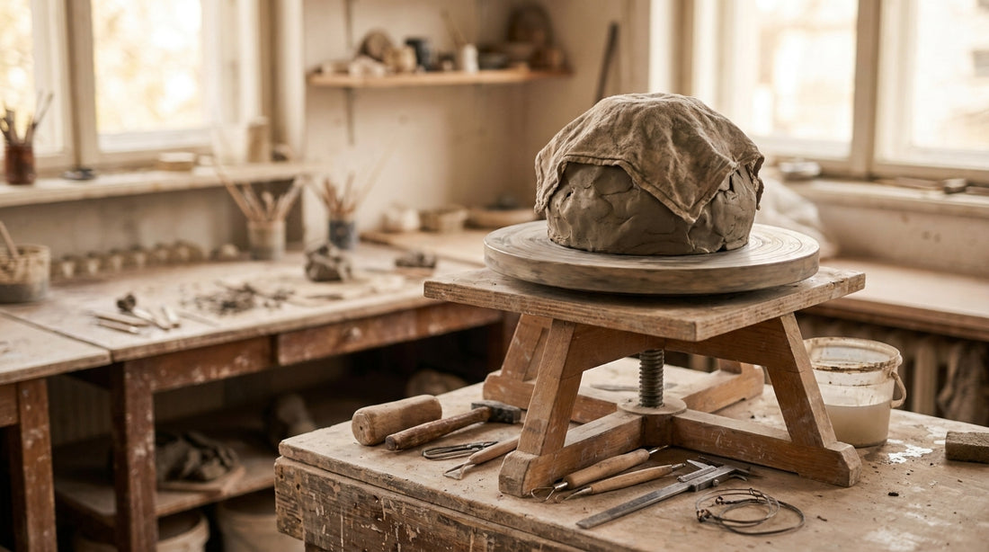 A damp cloth draped over a mound of clay on a sculptor's turntable, with modelling tools and calipers on the workbench