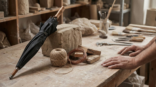 A sculptor's workbench with a folded black umbrella, a block of raw clay, twine, copper wire, and wood offcuts beside a pair of hands