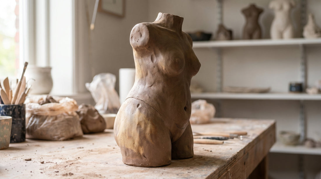 Close-up of a hand-built stoneware figurative sculpture showing fingerprints, tool marks, and the maker's touch in studio light