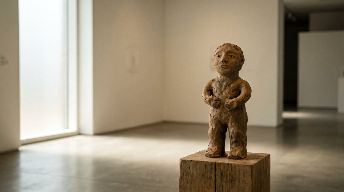 Hand-built ceramic figurative sculpture in soft gallery light, intimate tabletop scale