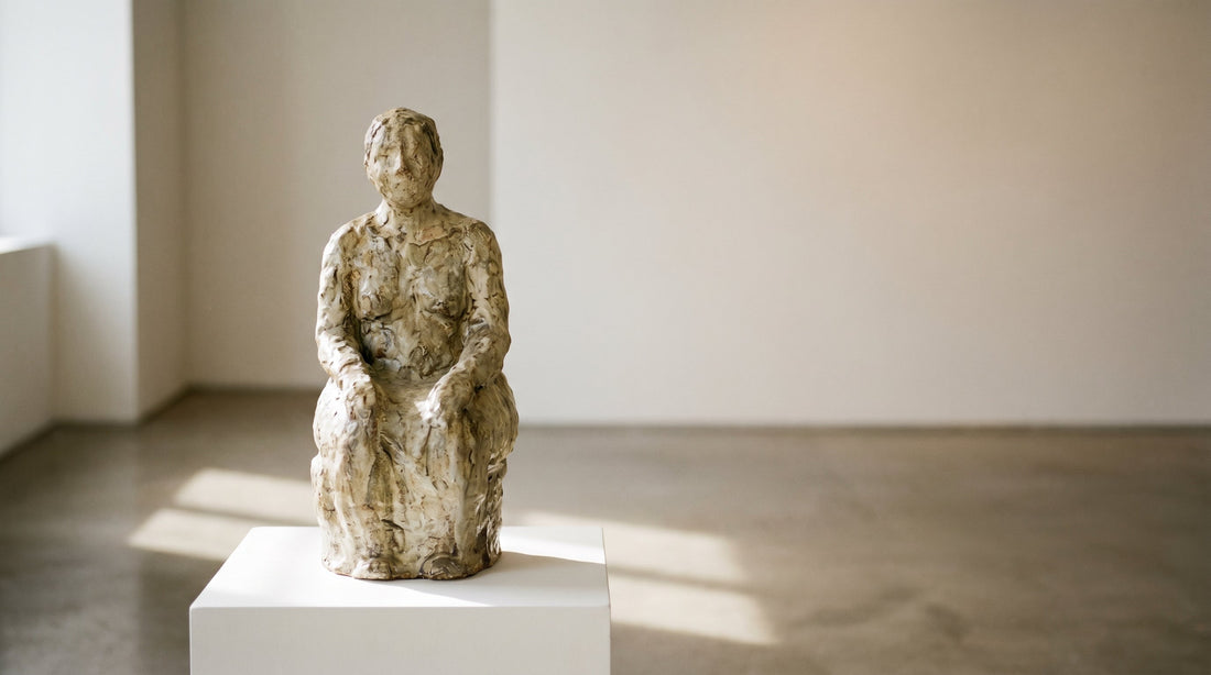 A hand-built figurative ceramic sculpture on a plinth in a softly lit contemporary gallery