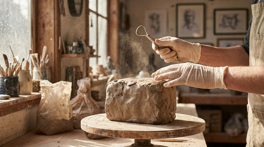 A sculptor's gloved hands pause with a loop tool above a raw block of clay on a wooden banding wheel in a sunlit studio