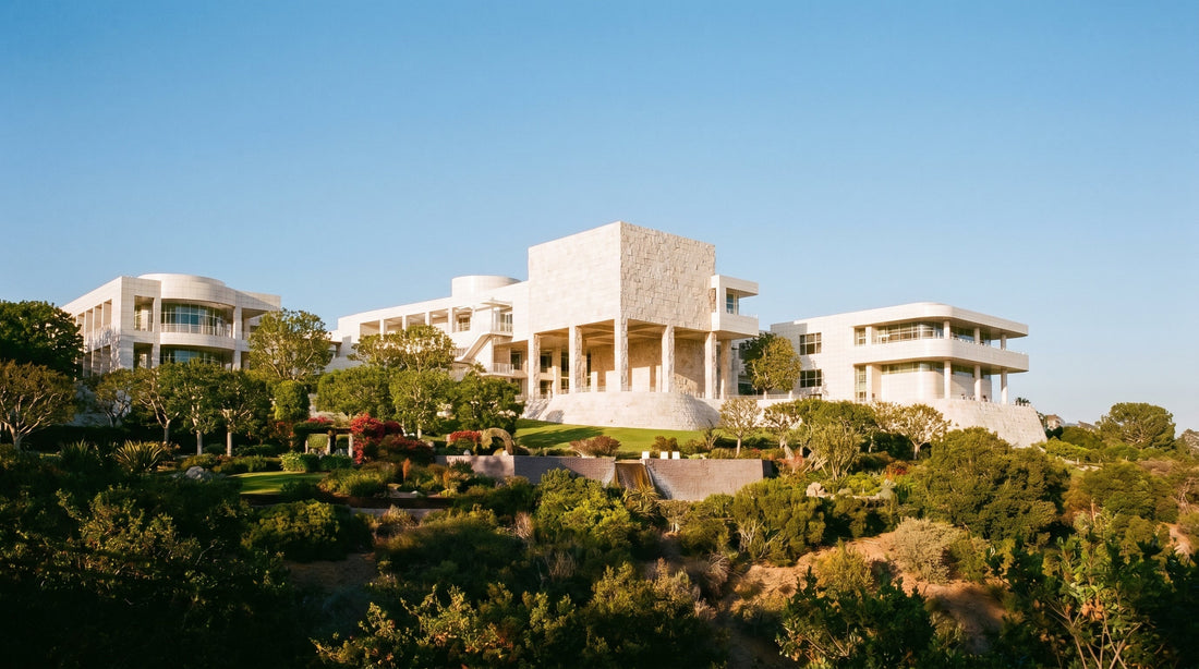 The Getty Center museum in Los Angeles — white travertine pavilions on a sunlit hilltop with California blue sky