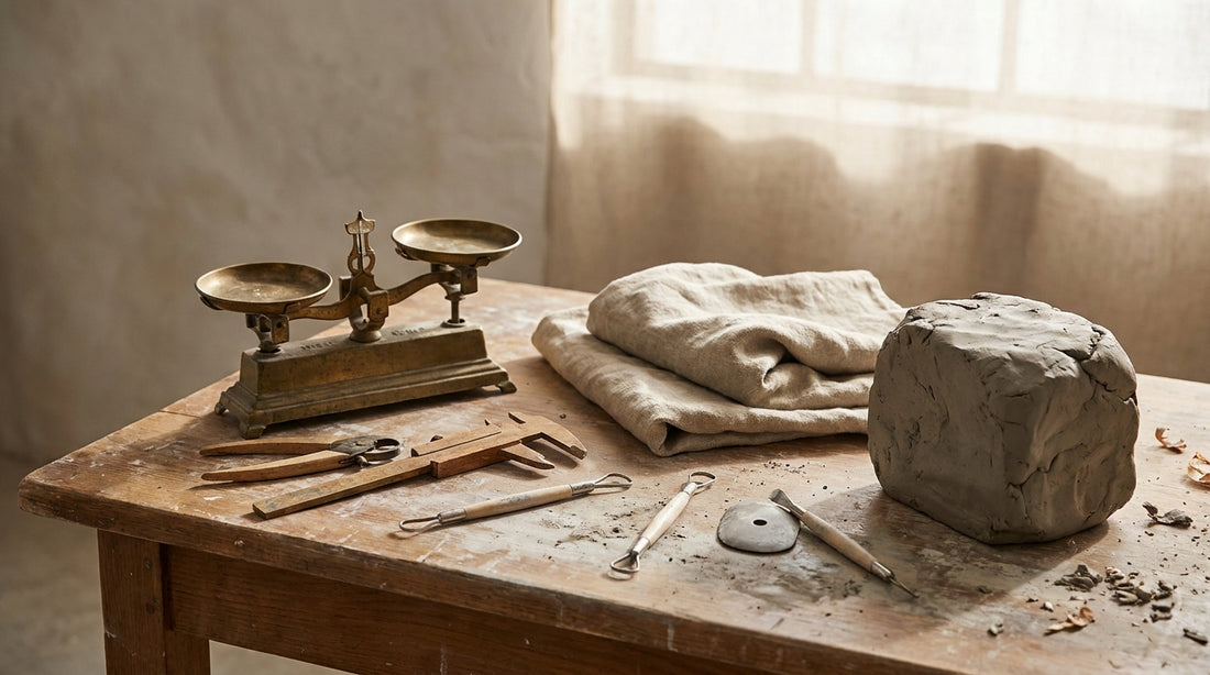 A brass balance scale, wooden calipers and modelling tools beside folded linen and a block of raw clay on a sunlit studio table