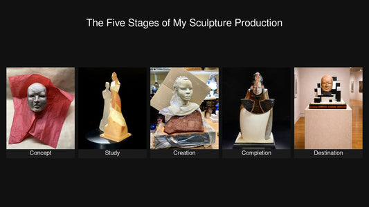 The five stages of sculpture production — Concept, Study, Creation, Completion, Destination