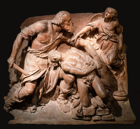 Relief sculpture of three figures in dynamic poses, showing how gesture conveys emotion