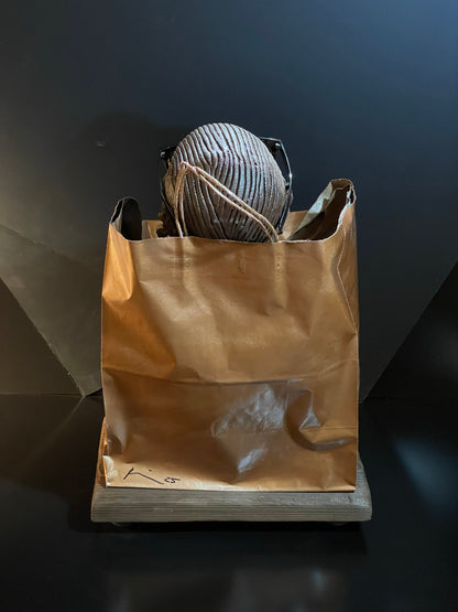 Brown paper bag with a sculpture of a face  and glasses on a dark background, rear view